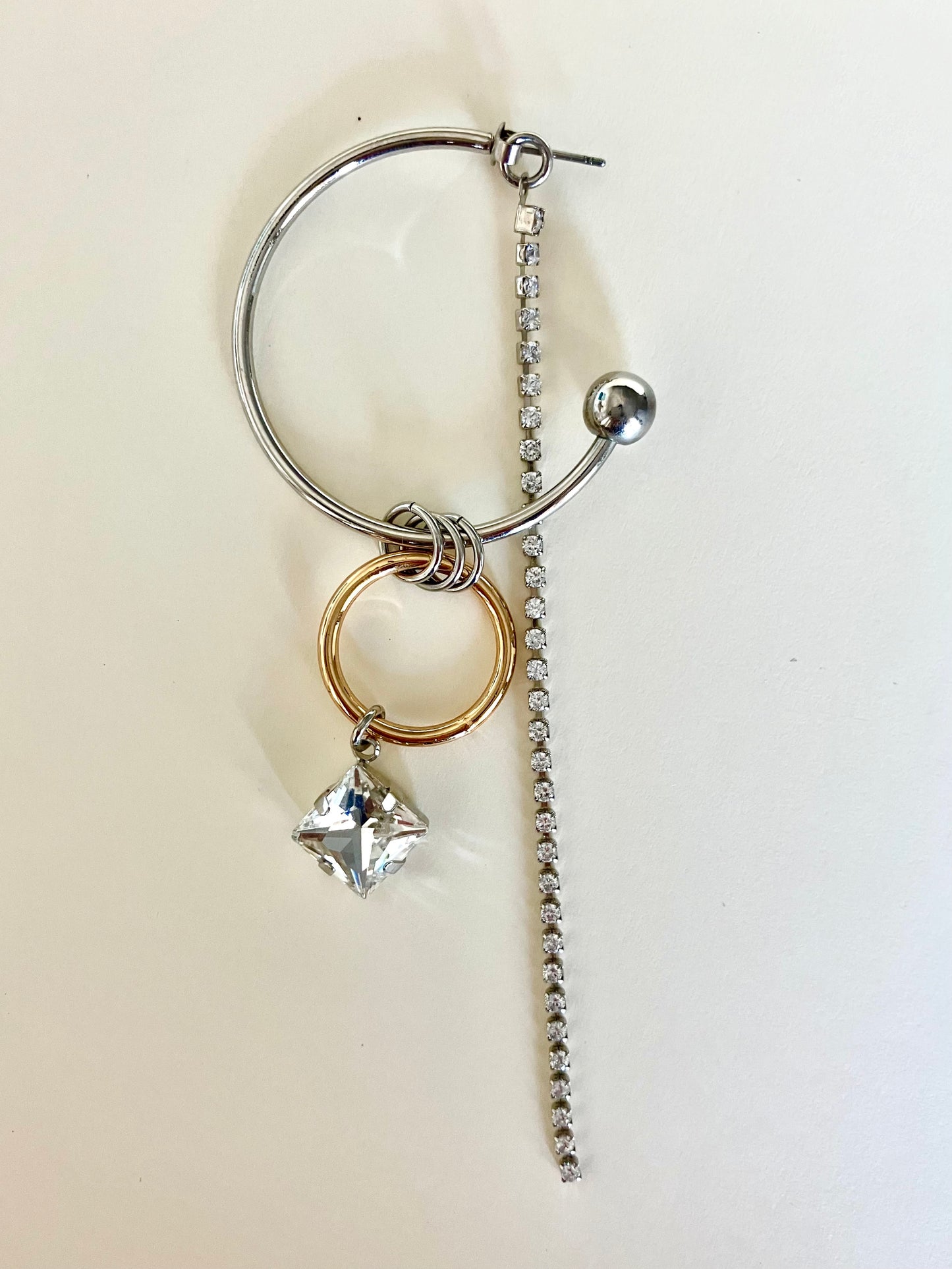 Mixed Metal Hoop Earring with Crystal & Chain