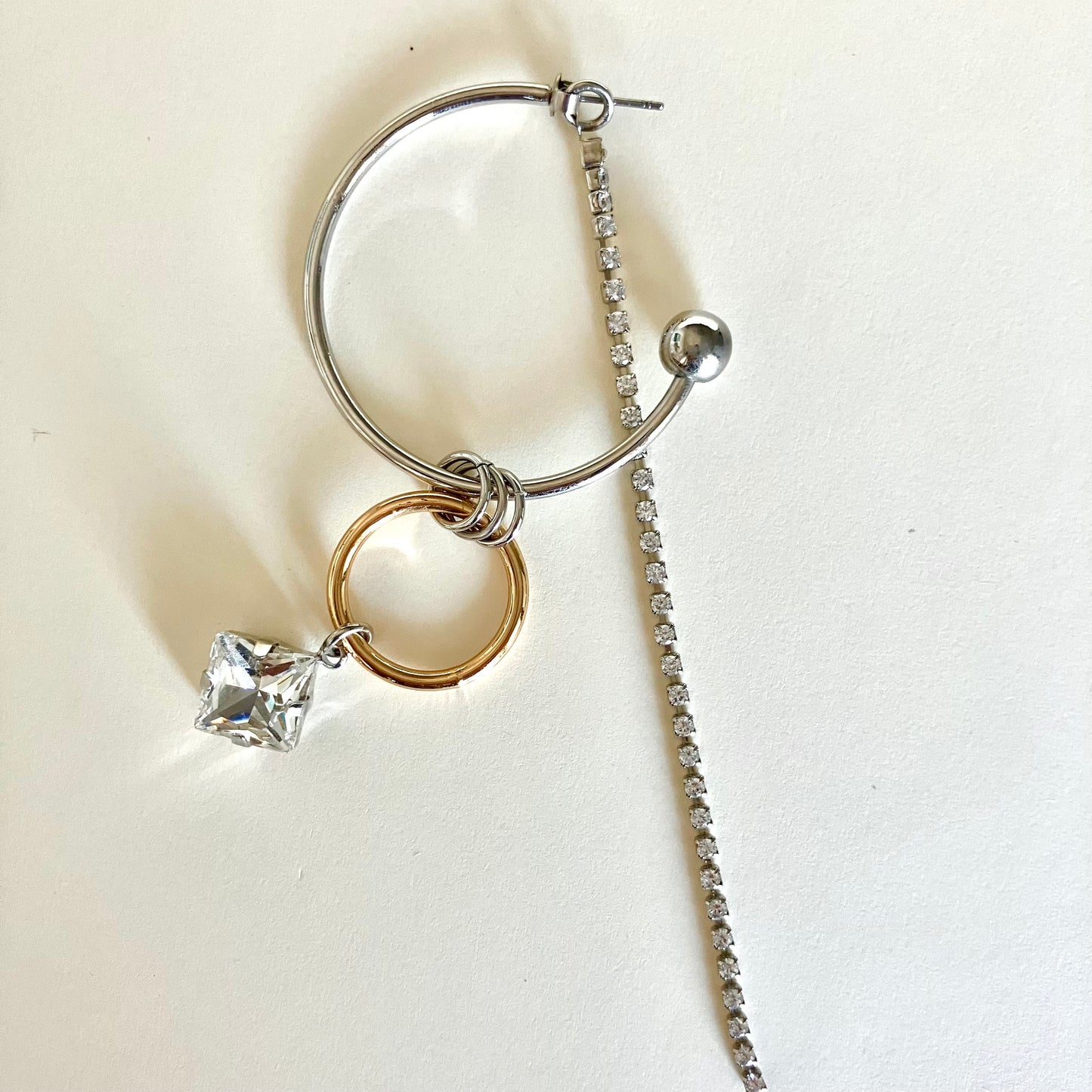 Mixed Metal Hoop Earring with Crystal & Chain