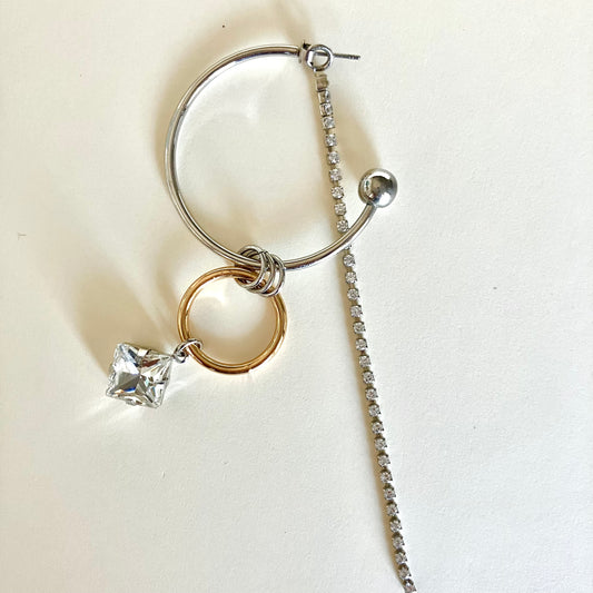 Mixed Metal Hoop Earring with Crystal & Chain