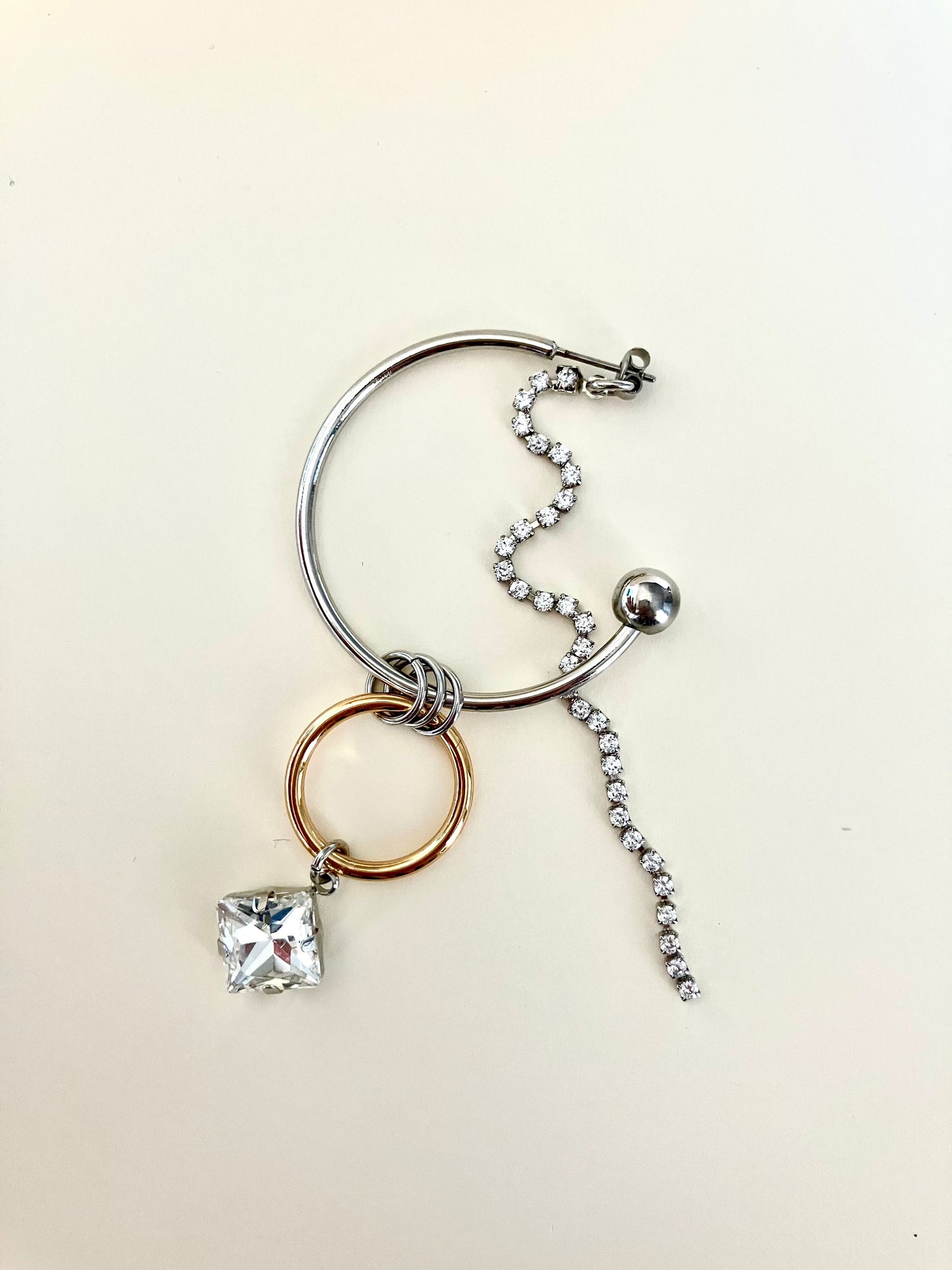 Mixed Metal Hoop Earring with Crystal & Chain