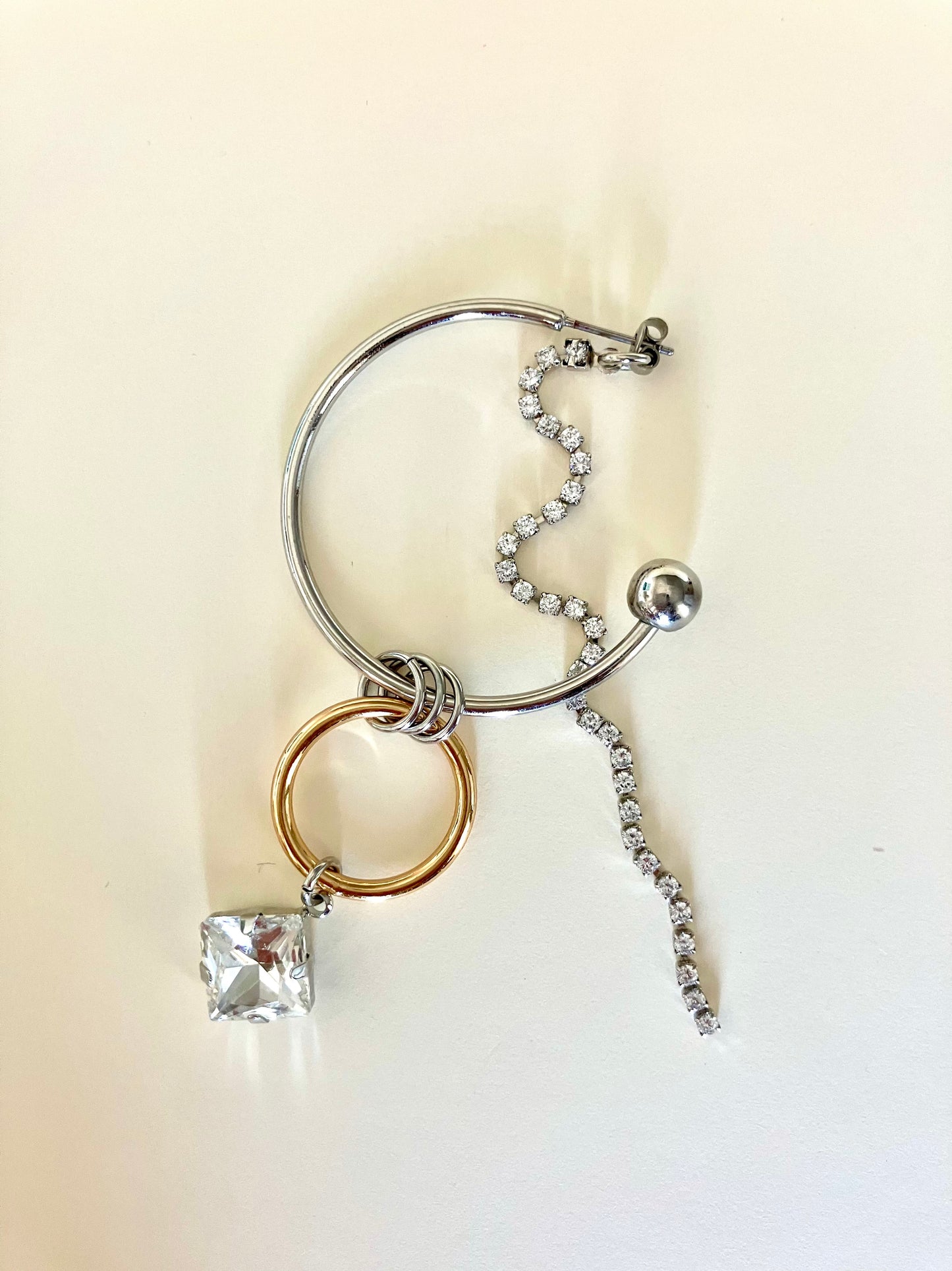 Mixed Metal Hoop Earring with Crystal & Chain