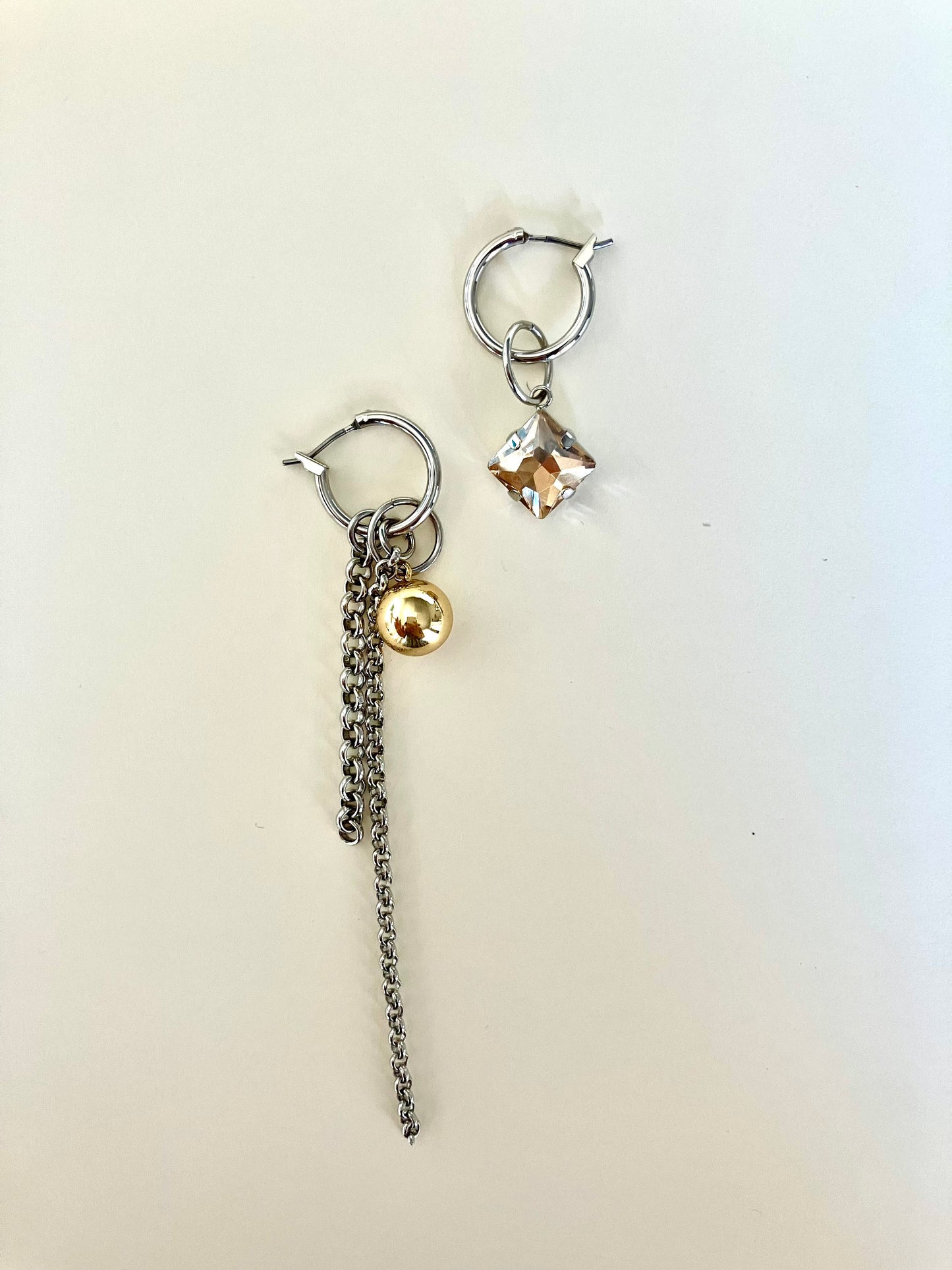 Mismatched Hoop Earrings with Chain & Crystal Drop