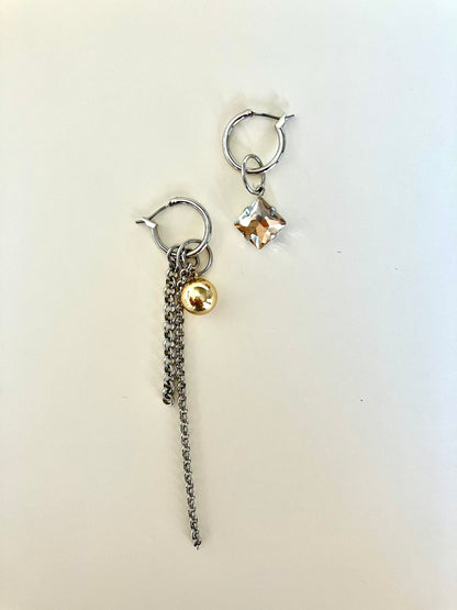 Mismatched Hoop Earrings with Chain & Crystal Drop