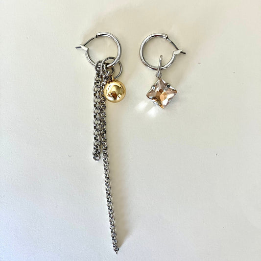 Mismatched Hoop Earrings with Chain & Crystal Drop