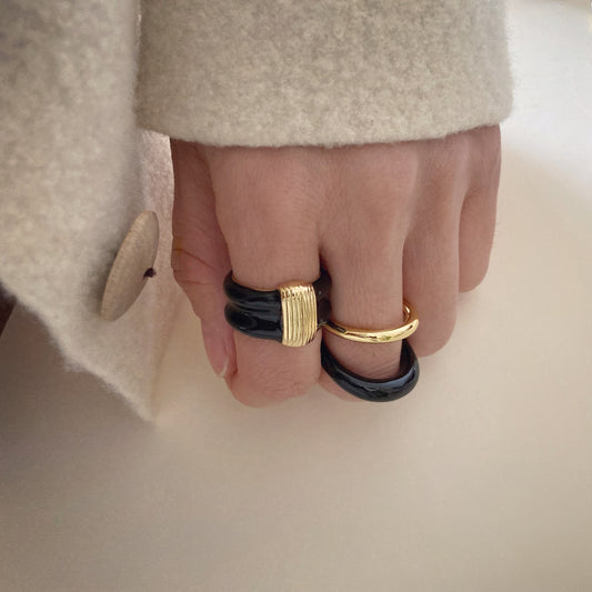 Black Enamel wide Band with Gold Stripes