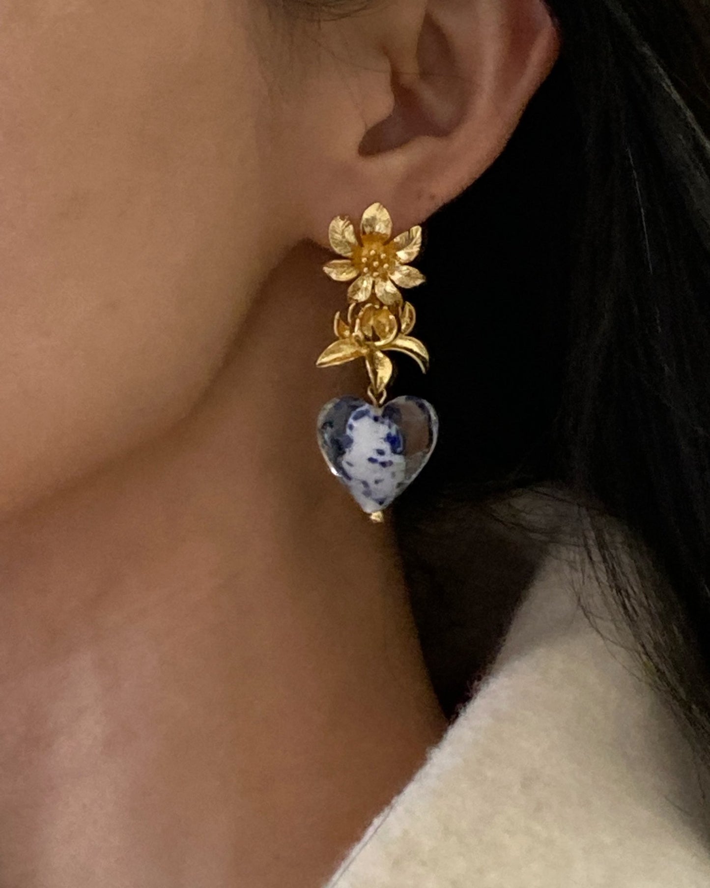 Floral Porcelain Murano Glass Earrings - Umber Shade