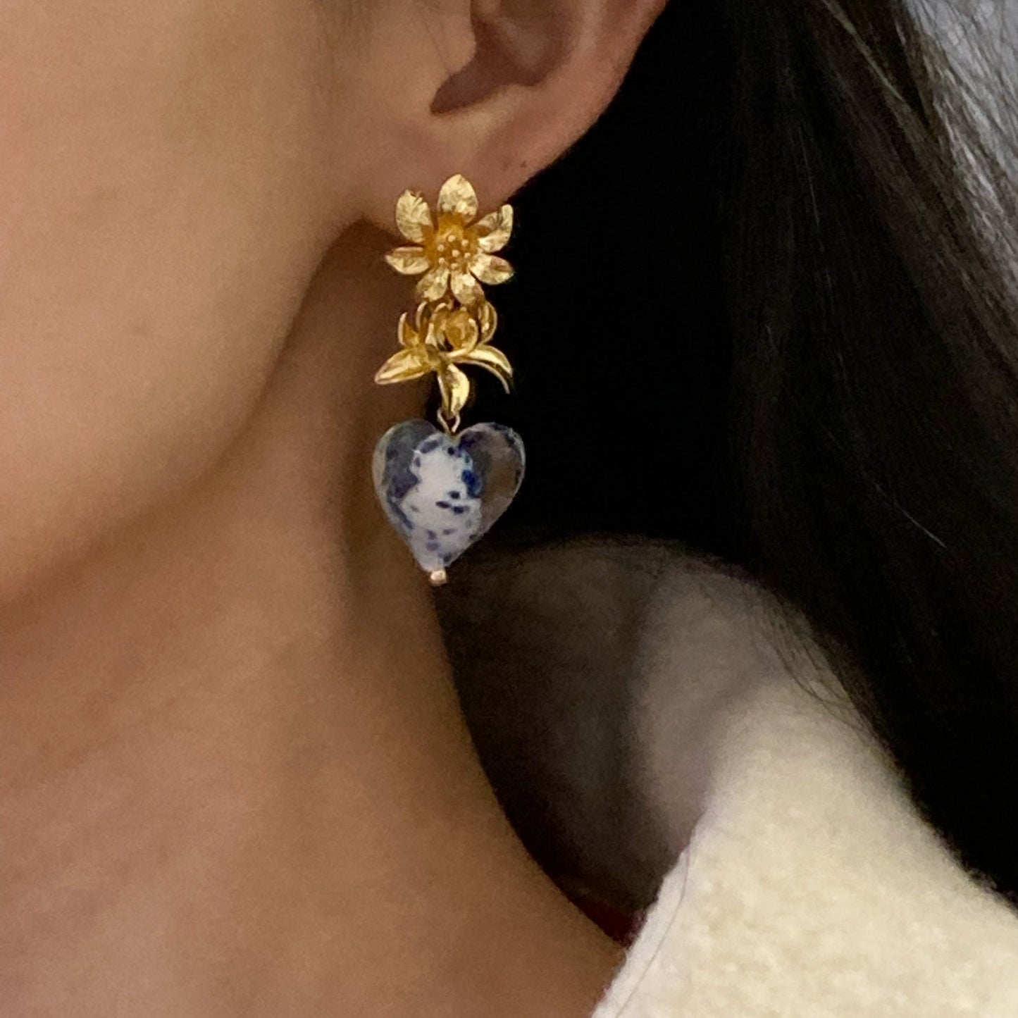 Floral Porcelain Murano Glass Earrings - Umber Shade