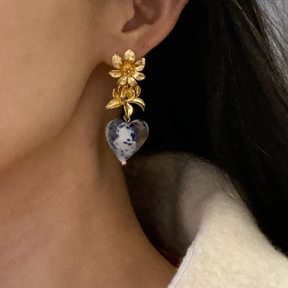 Floral Porcelain Murano Glass Earrings - Umber Shade