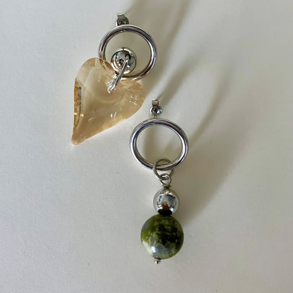 Mismatched crystal heart & natural stone earrings - Umber Shade