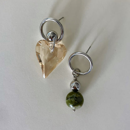 Mismatched crystal heart & natural stone earrings - Umber Shade