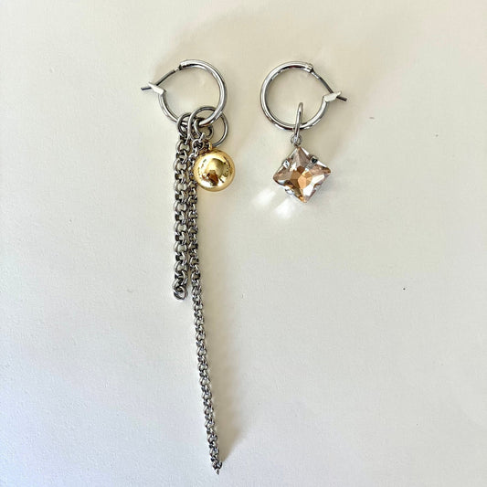 Mismatched Hoop Earrings with Chain & Crystal Drop - Umber Shade