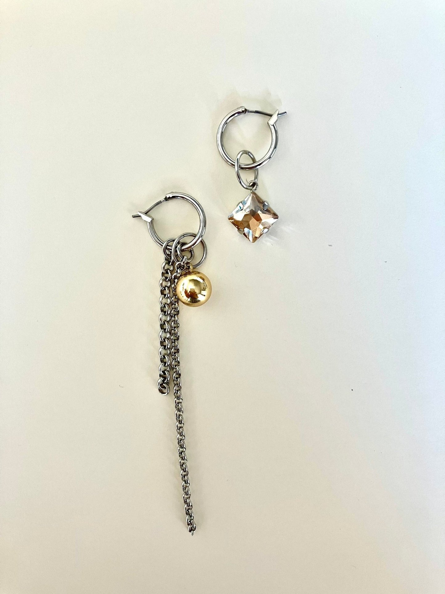 Mismatched Hoop Earrings with Chain & Crystal Drop - Umber Shade