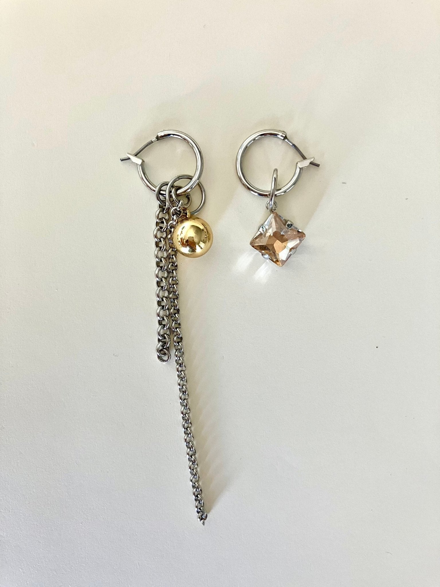 Mismatched Hoop Earrings with Chain & Crystal Drop - Umber Shade