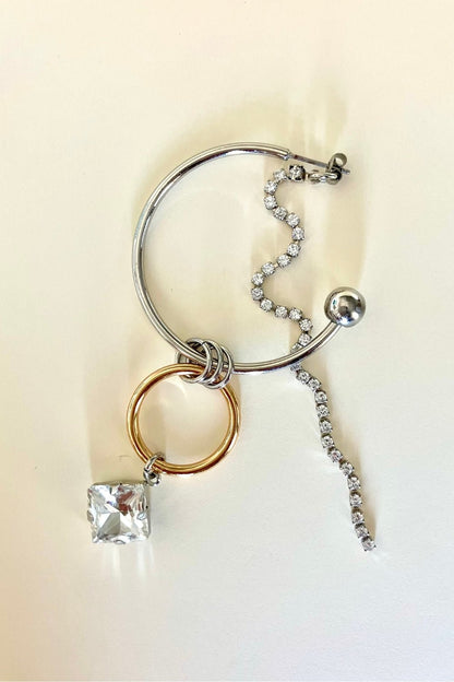 Mixed Metal Hoop Earring with Crystal Chain - Umber Shade